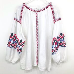 Cato White Cotton Black Red Blue Ethnic Embroidered Button Up Peasant Blouse